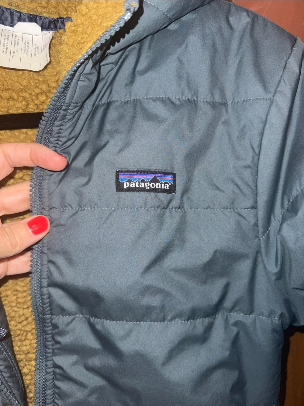 Patagonia Kids Quilted Puffer Jacket in Slate Blue with Mustard Lining